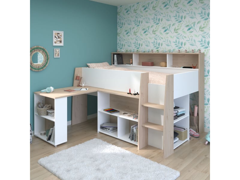  Lit mezzanine enfant 90x200 bois avec bureau escamotable et rangements - terre de nuit  - Conforama E