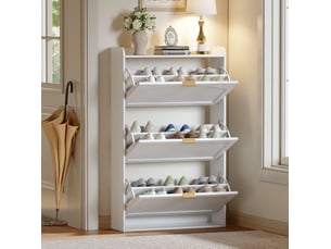 Meuble à chaussures étroit blanc 76x23x118 cm, placard rangement entrée avec 3 portes abattantes