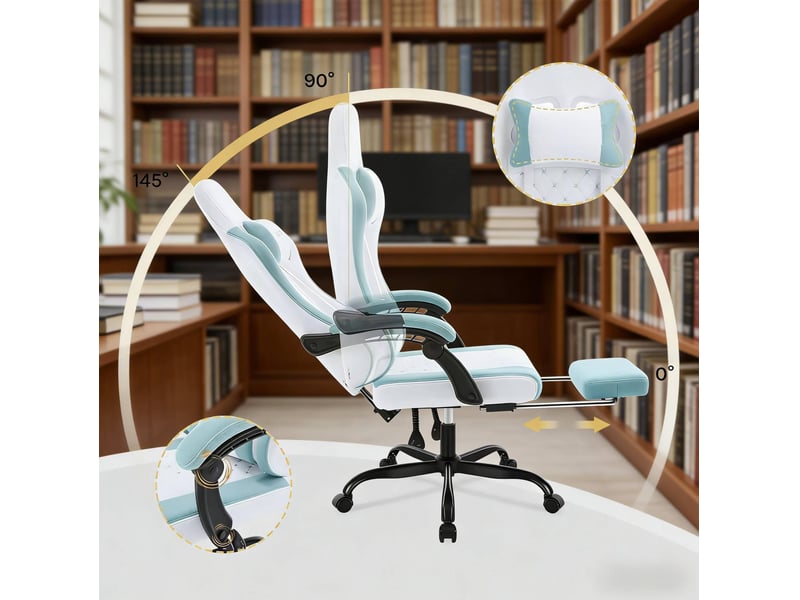  Chaise de bureau gaming ergonomique bleu et blanc avec massage usb, repose-pieds et dossier inclinable 90° à 145°  - Conforama E