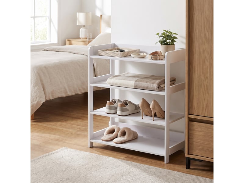  Étagère à chaussures 4 niveaux, meuble à chaussures avec plateau, meuble entrée, 63 x 30 x 66 cm, blanc  - Conforama C
