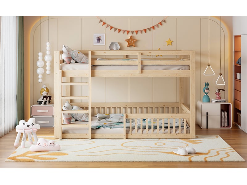  Lit superposé 4 places 160×200 cm avec barrières hautes - okmyhome- en pin et mdf naturel, sans matelas  - Conforama E