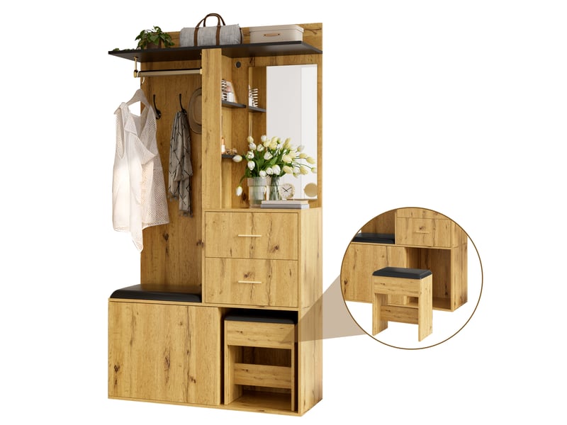  Vestiaire d'entrée 100x40x172,5 cm avec banc à chaussures, coiffeuse miroir led via appli, penderie, 2 tiroirs et tabouret escamotable  - Conforama A
