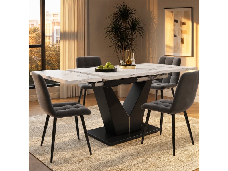  Table à manger extensible avec pieds en v - lpospi - plateau large, mdf effet marbre blanc et noir 99–159 × 75 × 75 cm  - Conforama C
