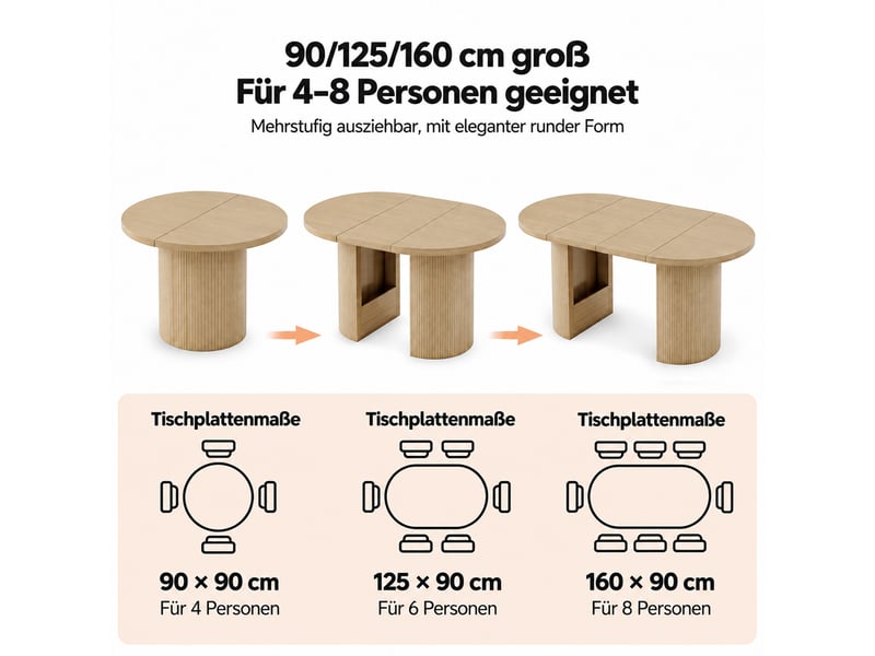  Table à manger extensible 90125160 x 90 cm, 4-8 personnes, chêne, mdf  - Conforama D