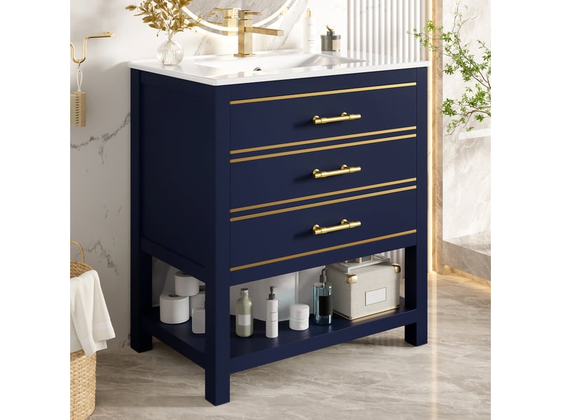 Meuble sous vasque 76x46,5x86 cm en mdf bleu noir avec vasque céramique, 2 tiroirs et niche - Conforama C