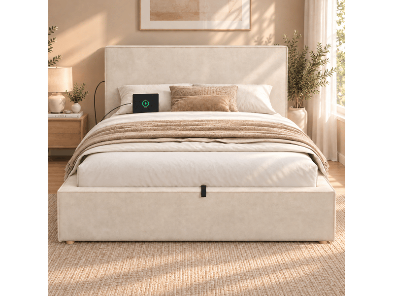  Lit coffre 120x200 cm, 220x133x88 cm, sommier à lattes inclus, rangement hydraulique, chenille beige, sans matelas  - Conforama D