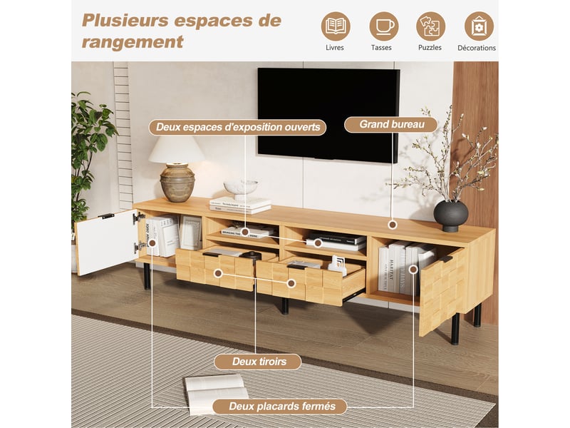  Meuble tv 200 cm bois naturel avec 2 tiroirs et 2 portes pour tv jusqu'à 80 pouces  - Conforama E