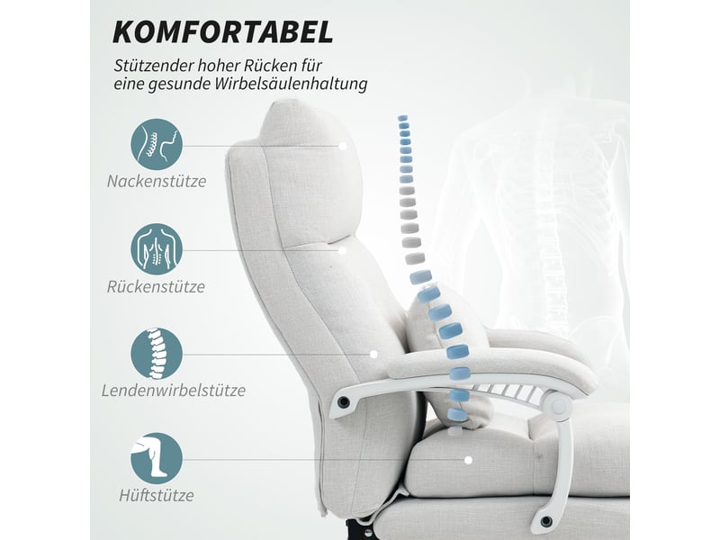  Fauteuil roulant à roulettes, aspect lin, réglable en hauteur, inclinable à 160°, repose-pieds, blanc crème  - Conforama E