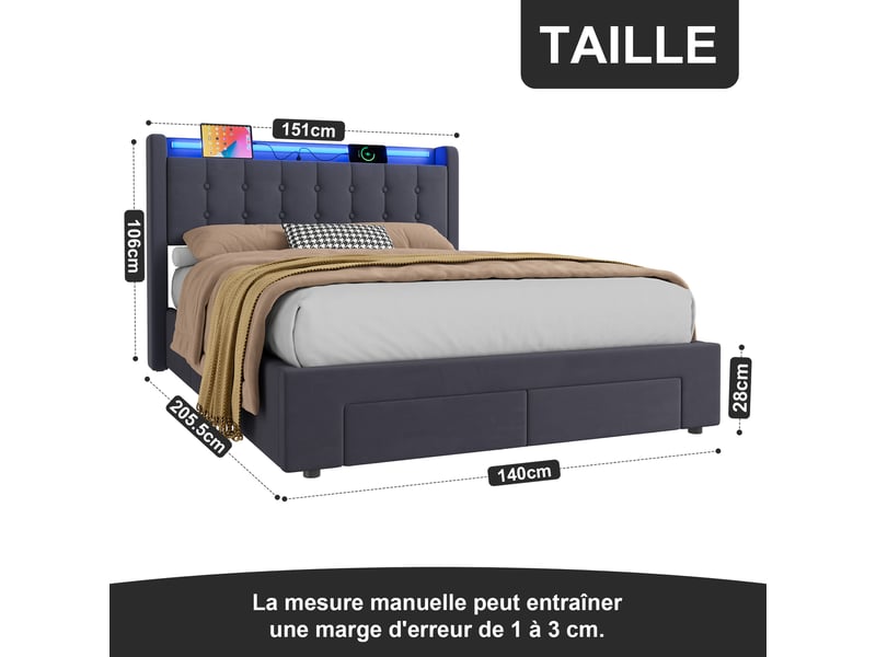  Lit rembourré ulevr 140 x 190 cm avec rangement, 2 tiroirs, port usb et éclairage led, velours gris foncé  - Conforama C