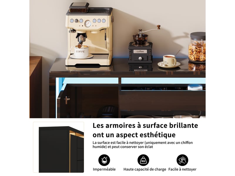  Buffet cuisine avec éclairage led, armoire de rangement avec 4 portes 2 tiroirs, buffet salon meuble salle à manger, 160 x 35 x 75 cm  - Conforama R
