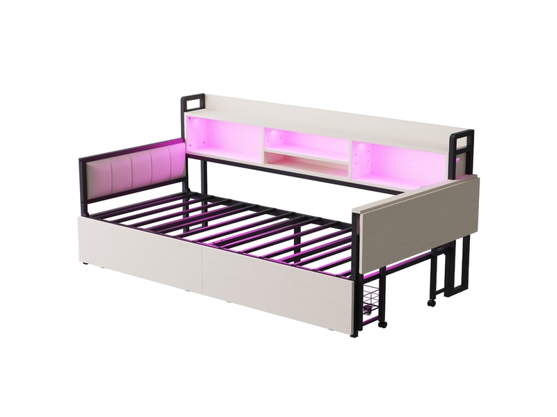 Lit enfant 90x200 cm, avec éclairage led, compartiment de rangement, 2 tiroirs, bureau rabattable, blanc, sans matelas - Conforama E