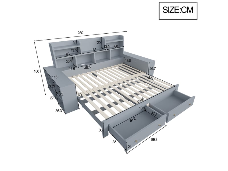 Lit banquette extensible 90x200180x200 cm avec rangements, tiroirs, led et prise gris  - Conforama C