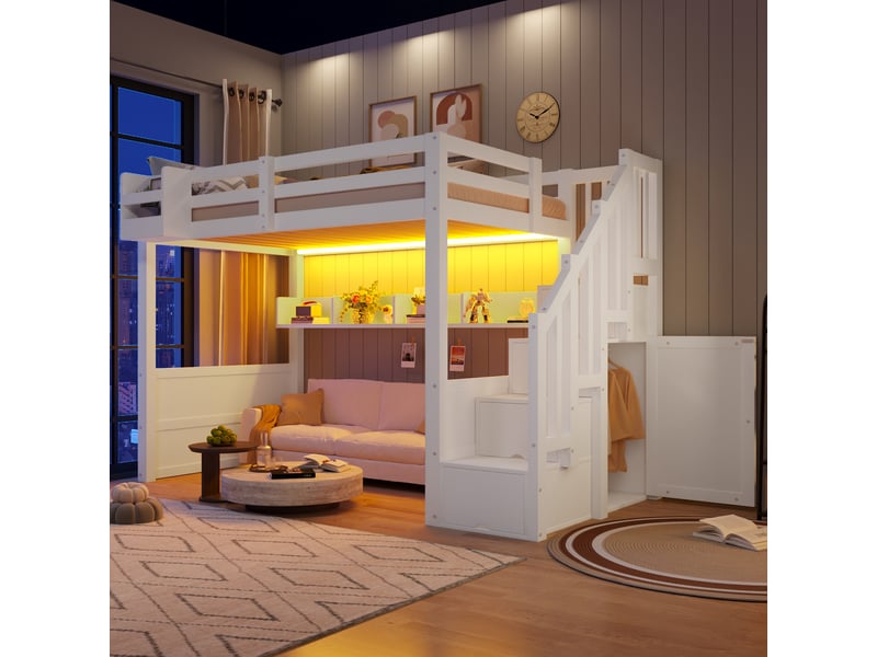  Lit mezzanine 90x200 cm – avec escalier rangement led et 4 compartiments – pin massif et mdf – blanc CozyNest - Conforama E