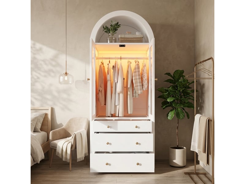  Armoire penderie - tiroir à bijoux - 1 barre de penderie - 3 tiroirs - portes vitrées - éclairage led - design arqué - blanc  - Conforama C