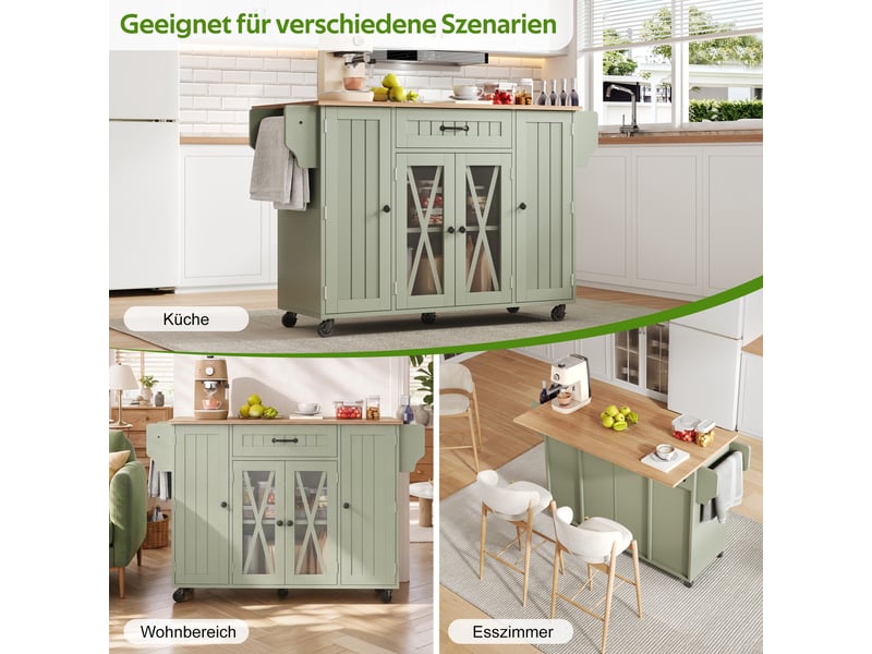  Îlot de cuisine mobile 120x69x90 cm sur roulettes tiroirs portes de rangement rangement à vin plateau rabattable vert OPULERANE TRADING LTD - Conforama E