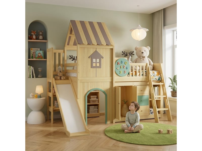  Lit mezzanine enfant 90x200 cm avec toboggan, lit cabane escalier de rangement, structure en pin et mdf, lit ludique gain de place, vert naturel OPULERANE TRADING LTD - Conforama D