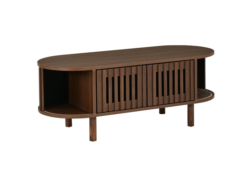  Table basse ovale 100 x 40 x 38 cm noyer mdf, 2 portes à lamelles, porte coulissante et rangement  - Conforama D