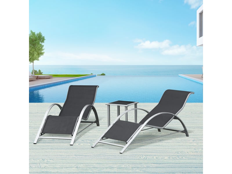 Lot de 2 bains de soleil, transat, chaise longue métal gris foncé 169x59x66cm  - Conforama C