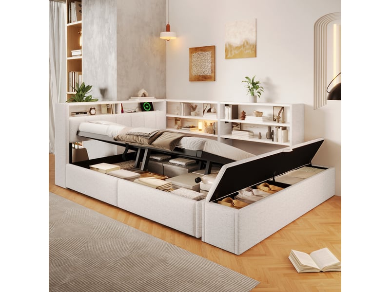  Lit coffre hydraulique 140x200 cm avec led, usb-c, banc coffre et tête réversible, velours blanc, sans matelas  - Conforama B