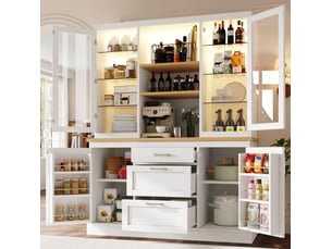 Buffet de cuisine haut de rangement avec led, 3 tiroirs, étagères réglables et portes vitrées pour cuisine en mdf blanc