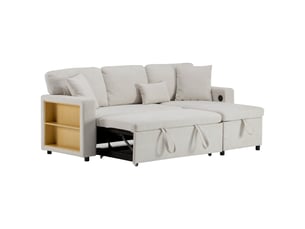 Canapé d’angle convertible 3 places réversible 214x131 cm avec couchage 182x110 cm coffre étagère usb flanelle beige