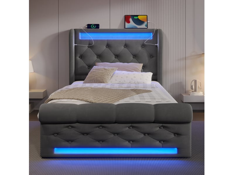  Modenvie lit coffre 90x200 cm - led intégrée, ports usb-c et rangement - avec matelas inclus - gris  - Conforama E