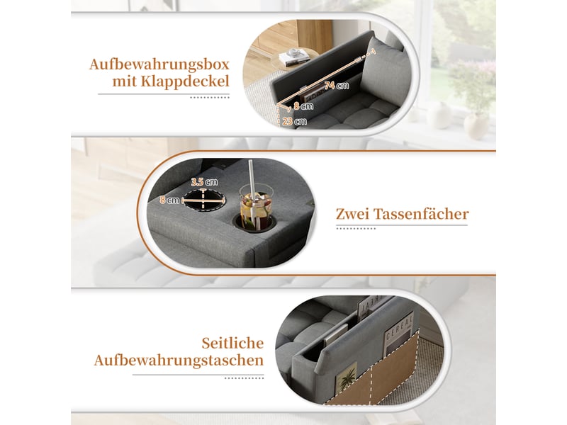  Canapé convertible 2 places gris, sofa lit multifonction avec rangement intégré et dossier réglable, tissu lin polyester pour salon  - Conforama D