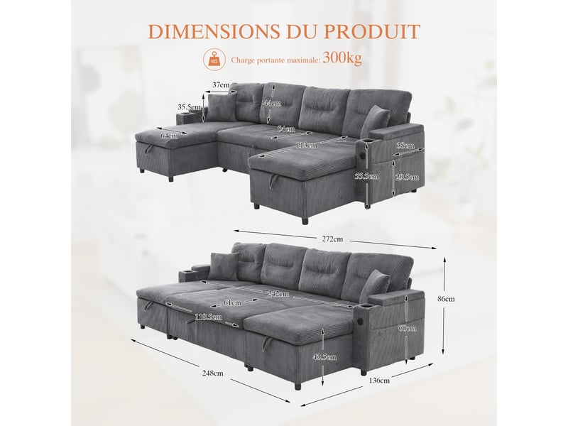  Canapé 4 places en velours gris anthracite avec méridiennes des deux côtés, rangement, porte-gobelets, usb, fonction lit extensible, pour salon  - Conforama C