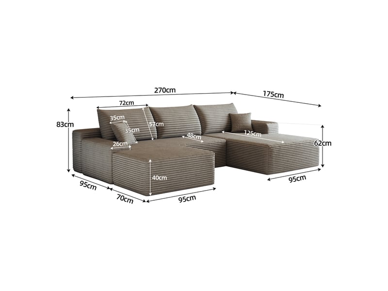  Canapé d'angle modulaire 270cm - canapé en l avec méridienne gauche, velours côtelé, sans montage - beige  - Conforama D