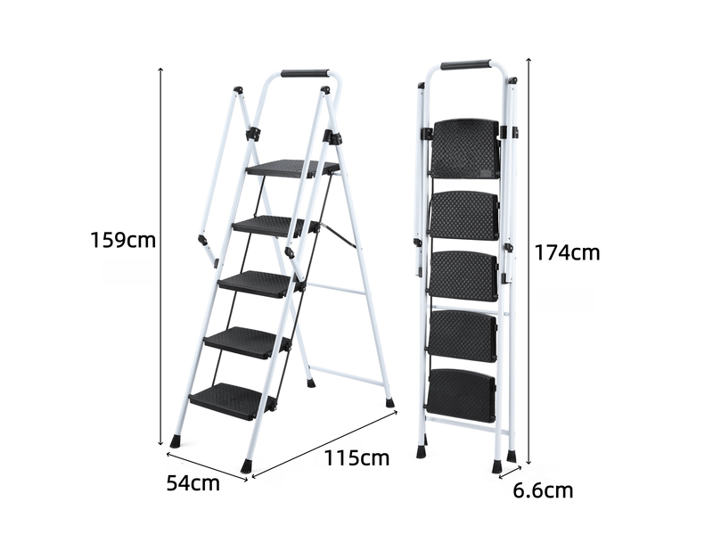  Escabeau 5 marches en acier pliable, marches larges antidérapantes, poignée de sécurité, léger et facile à transporter, jusqu’à 150 kg, blanc  - Conforama C