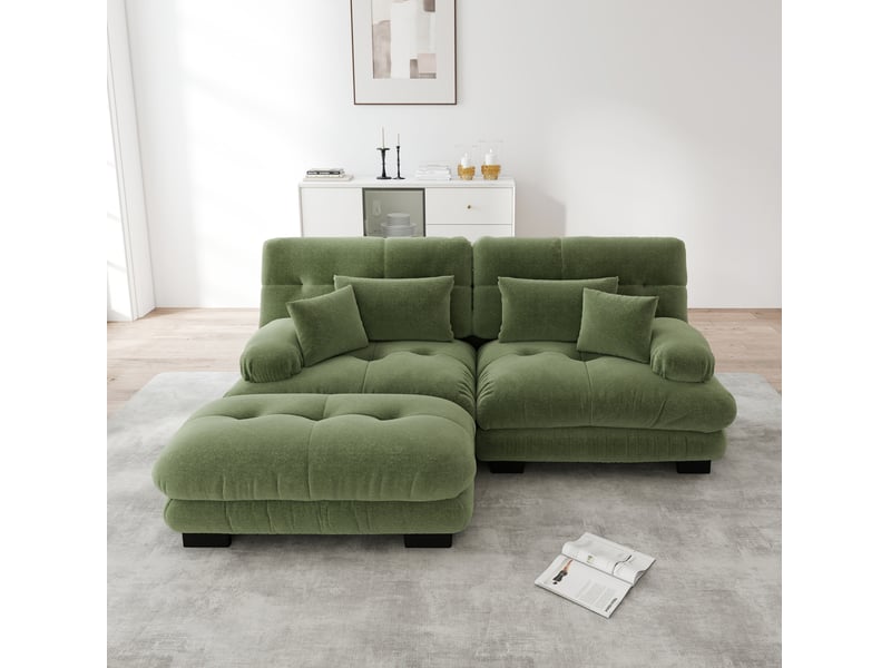  Canapé modulaire 220x145x81cm 2 places, coussins inclus, assise confortable, structure en bois, tissu chenille, vert  - Conforama D