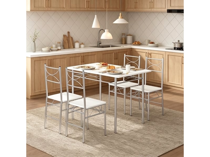  Ensemble table et 4 chaises moderne 110x70x76 cm, mdf et métal blanc et argent  - Conforama B