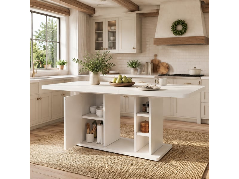 Table de salle à manger extensible pour 6 à 8 personnes avec rangement, plateau épais, en mdf blanc, style scandinave - Conforama D