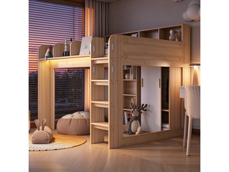 Lit mezzanine 140x200 cm avec armoire, placards, niches de rangement et led en bois bois clair Fay Lum - Conforama E