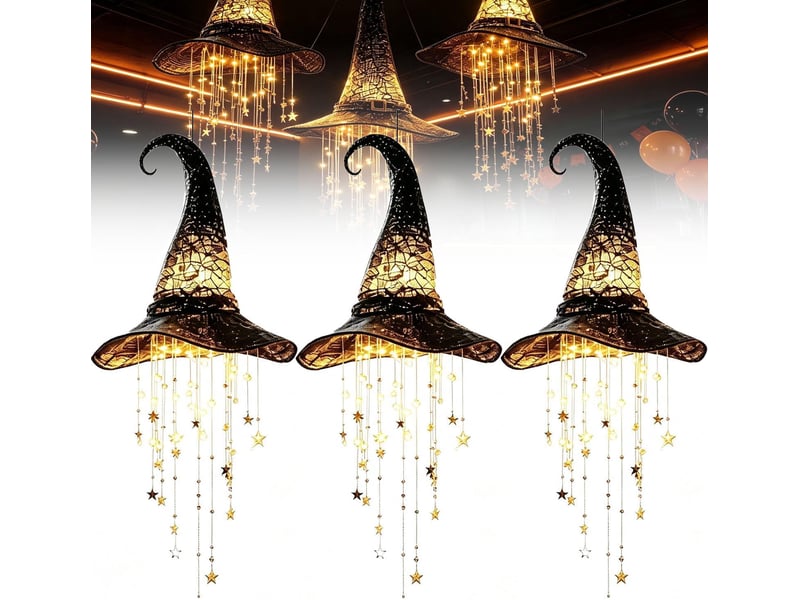  Lot de 3 décoration halloween suspendue, chapeau de sorcière lumineux led pour porche, entrée, jardin et terrasse  - Conforama A