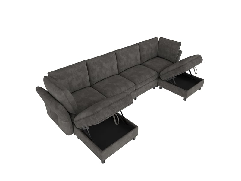  Canapé d'angle, canapé modulable, 6 places, en tissu chenille, gris, avec pouf, style cloud, pour salon, appartement, chambre  - Conforama B