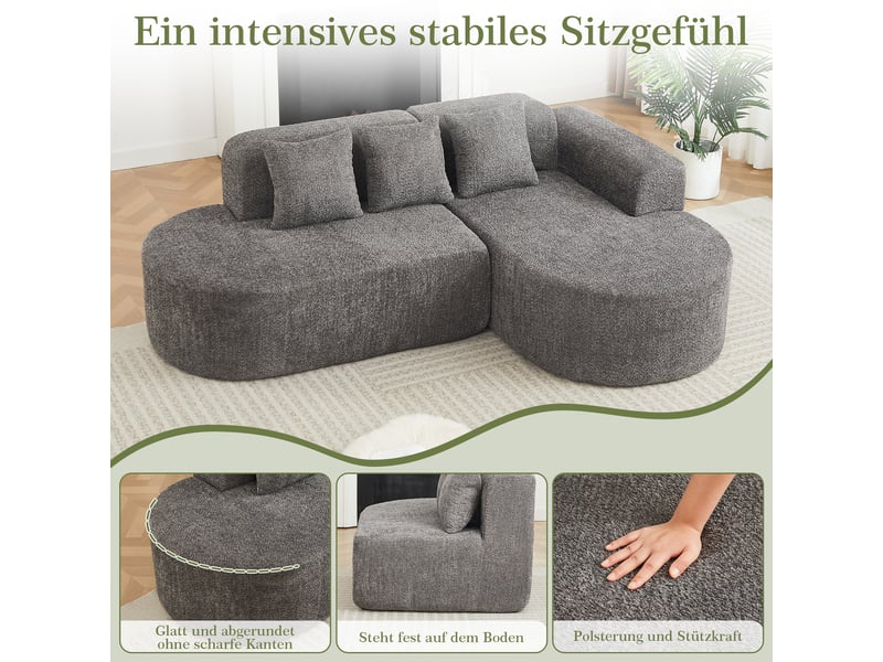  Canapé d’angle droit 3 places 222x157 cm - méridienne droite, design arrondi wabi-sabi, 3 coussins inclus, canapé chenille gris  - Conforama E