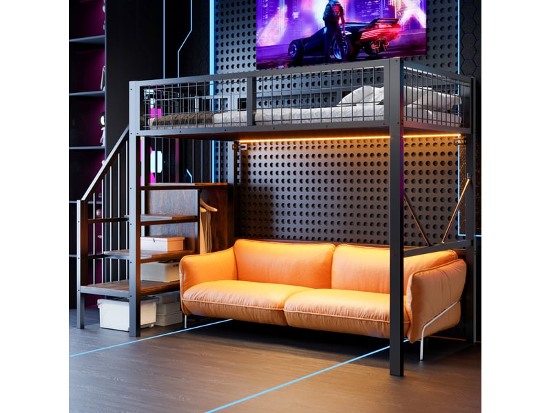  Lit mezzanine 90x200 cm noir en métal avec escalier de rangement et led  - Conforama B