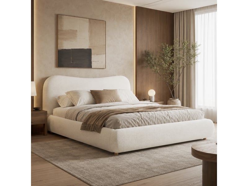  Lit double capitonné 180x200cm,lit coffre hydraulique avec grand rangement,tête de lit rembourrée,bouclé,sommier à lattes,sans matelas,blanc  - Conforama B