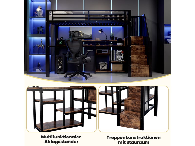  Lit mezzanine enfant simple 90×200 cm avec étagères, usb, type-c et led - okmyhome- sans matelas noir  - Conforama E
