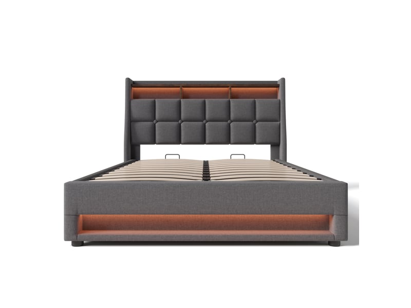 Lit avec led 160 × 200 cm 2 places, coffre, usb et télécommande, matelas inclus, en tissu de lin gris - Conforama A