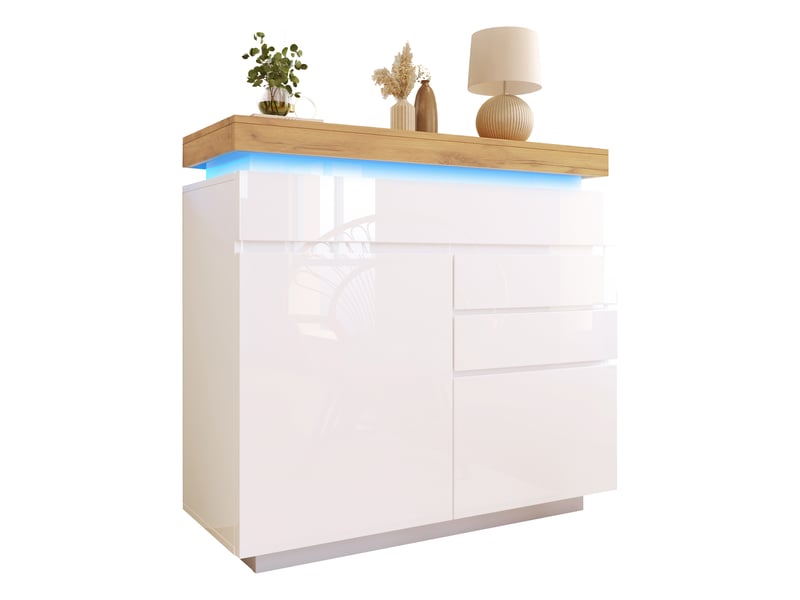 Buffet haut 110x39x115 cm avec 2 portes, 3 tiroirs et éclairage led, meuble de rangement en mdf et panneaux de particules - blanc - Conforama A