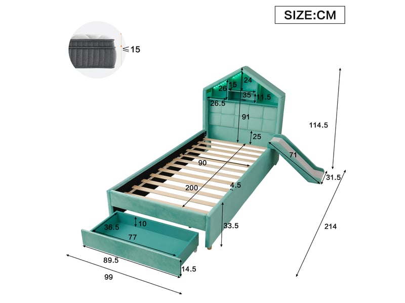  Lit cabane enfant 90x200 cm en velours bleu-vert avec toboggan, led, prise de recharge, tête de lit étagère et coffre chicfurn  - Conforama C