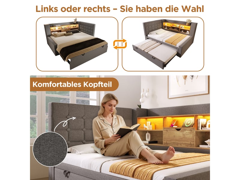  Lit gigogne 90x200 cm avec rangement et led intégré - tête de lit en l, ports usb, lin gris  - Conforama E