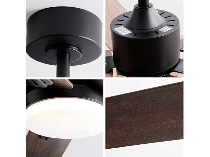  Ventilateur de plafond avec lumière 107x107x45 cm télécommande 6 vitesses réversible métal bois noir et noyer foncé  - Conforama D