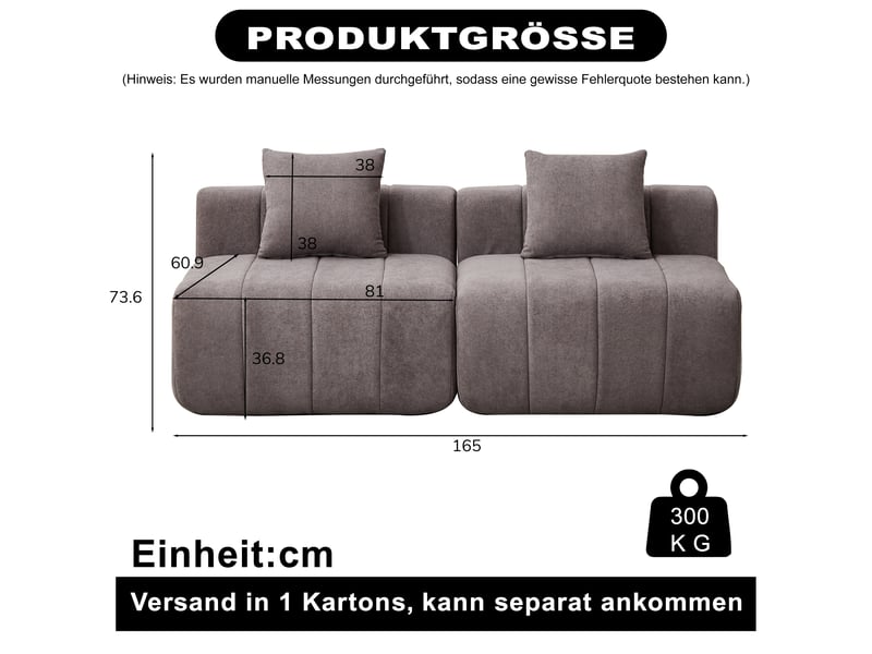  Canapé 2 places - 165x60.9x73.6 cm - canapé droit modulaire chenille avec 2 coussins, sans montage - gris  - Conforama E