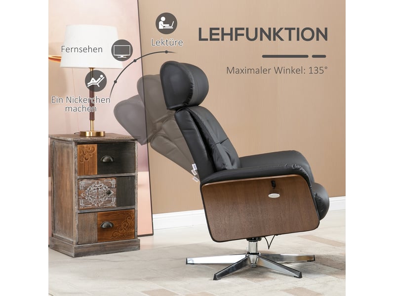  Fauteuil relax inclinable pivotant avec repose-pieds, simili cuir noir, charge maximale 150 kg  - Conforama D