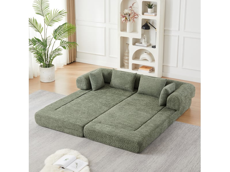  Canapé convertible modulable 2 places 4 en 1 avec dossier réglable et 4 coussins en chenille vert  - Conforama D