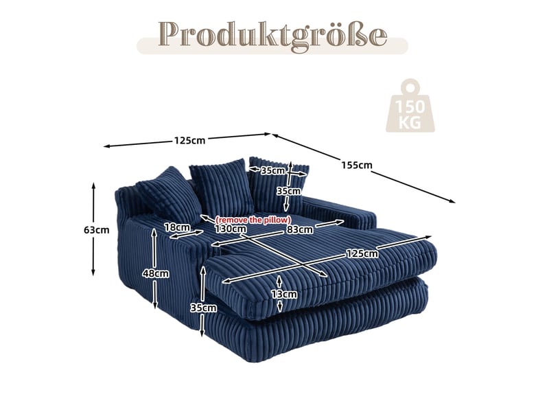  Méridienne modenvie canapé-lit 1 place en velours côtelé bleu marine 125 x 155 x 63 cm  - Conforama C