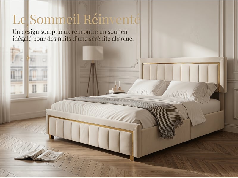 Lit coffre 140x200 - lit 2 places - avec lumière led - beige (matelas non inclus) - Conforama D